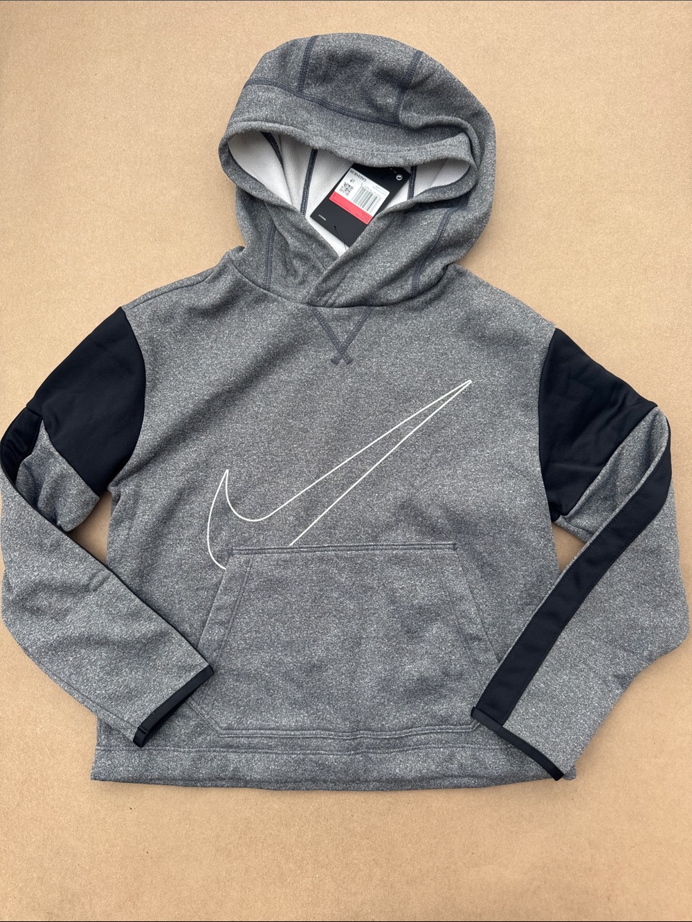 Nike Kids Gray Hooded Puffer Pullover with Black Sleeve Panels